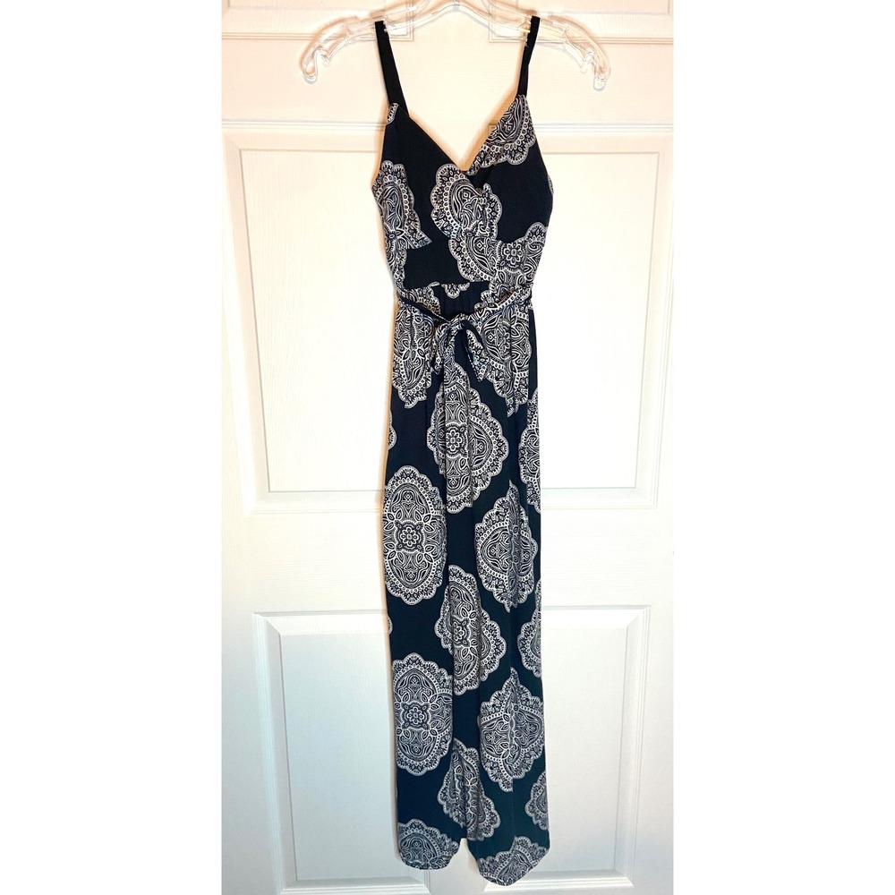 Allison Brittney BOHO Maxi Dress Navy White Paisley Medallion Vacation Medium